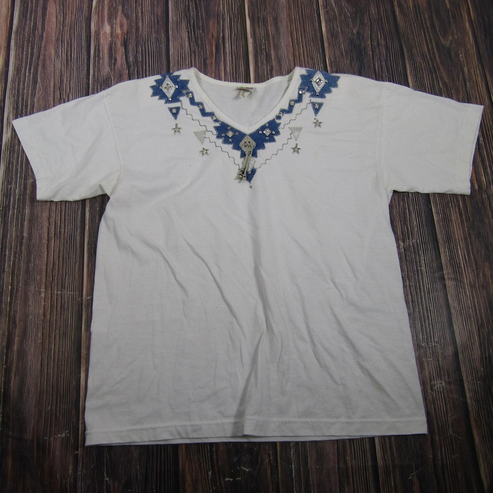 Cactus California Womens XL White Embroidered V Neck T Shirt Top Western